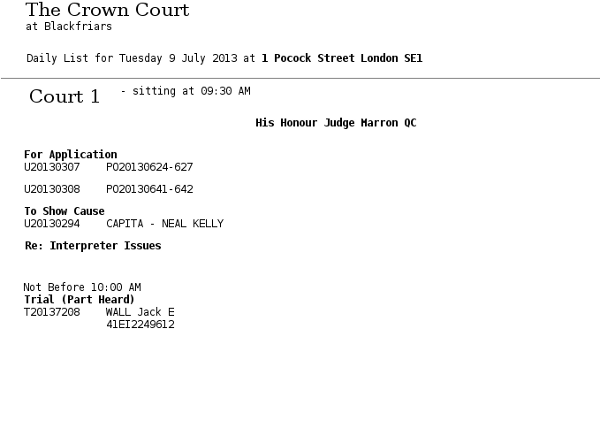 screenshot of case listing at Blackfriars Crown Court