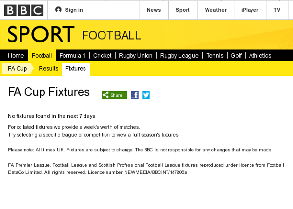 screenshot of BBC FA Cup fixtures page