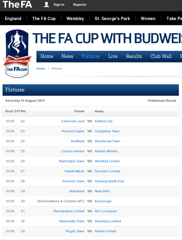 screenshot of FA Cup fixtures page