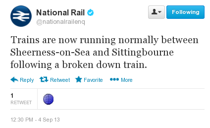 screenshot of National Rail Enquiries running normally tweet