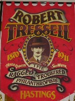 image of a trade union banner featuring Tressell & his work