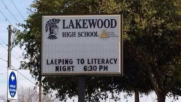 school sign showing slogan Laeping to Literacy