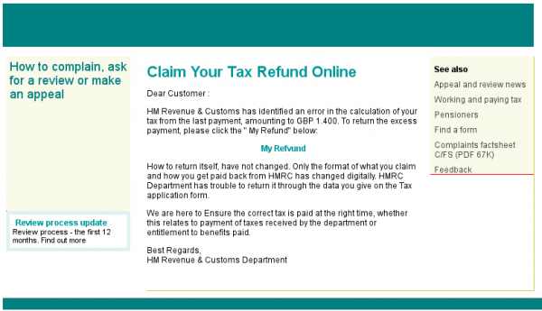 screenshot of phishing email offering tax refund