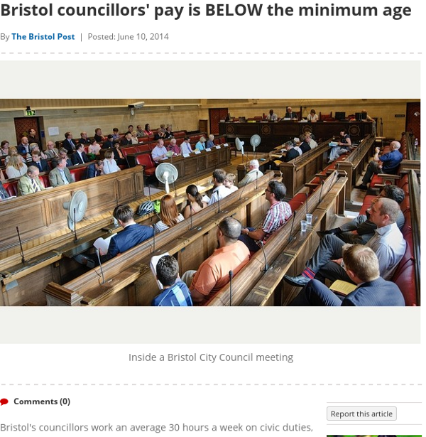 screenshot of Post headline stating Bristol councillors' pay is BELOW the minimum age 