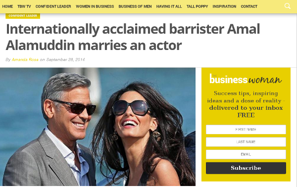 screenshot of headline stating internationally acclaimed barrister Amal Alamuddin marries an actor