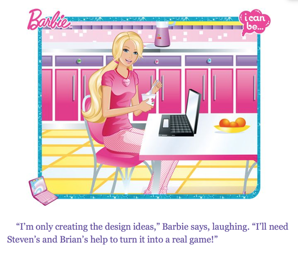 image showing Barbie calling for Steven and Brian to code up her game idea 