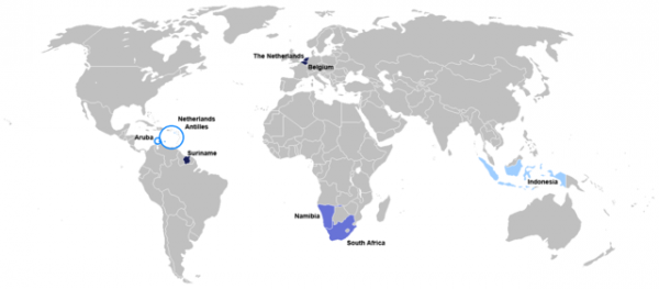 map of world depicting where Dutch is spoken