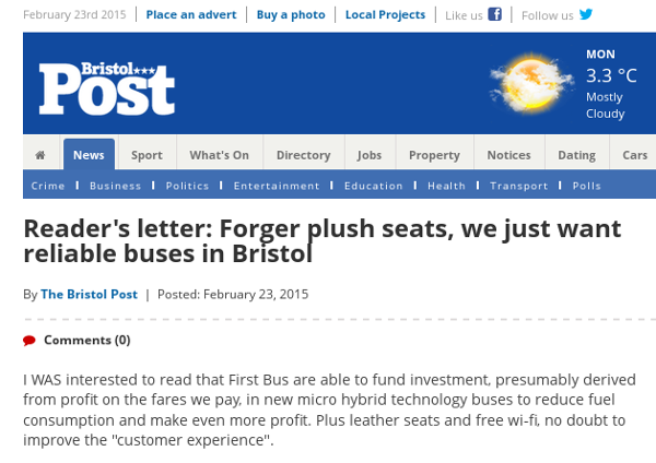 headline reads Forger plush seats we just want reliable buses in Bristol