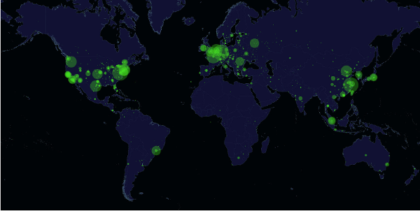 Worldwide distribution of openly accessible MongoDB databas
