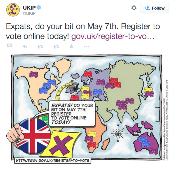 image text reads Expats do your bit on May 7th. Register to vote online