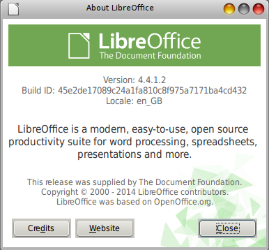 screenshot of LibreOffice About window