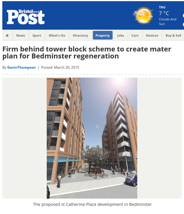 headline reads Firm behind tower block scheme to create mater plan for Bedminster regeneration
