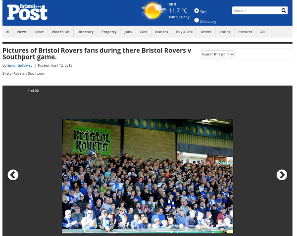 screenshot of gallery headed Pictures of Bristol Rovers fans during there Bristol Rovers v Southport game