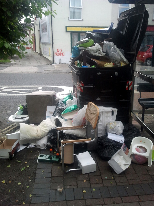The communal bin outside 18 Stapleton Road, a regular site for the fly-tipping of trade and other waste