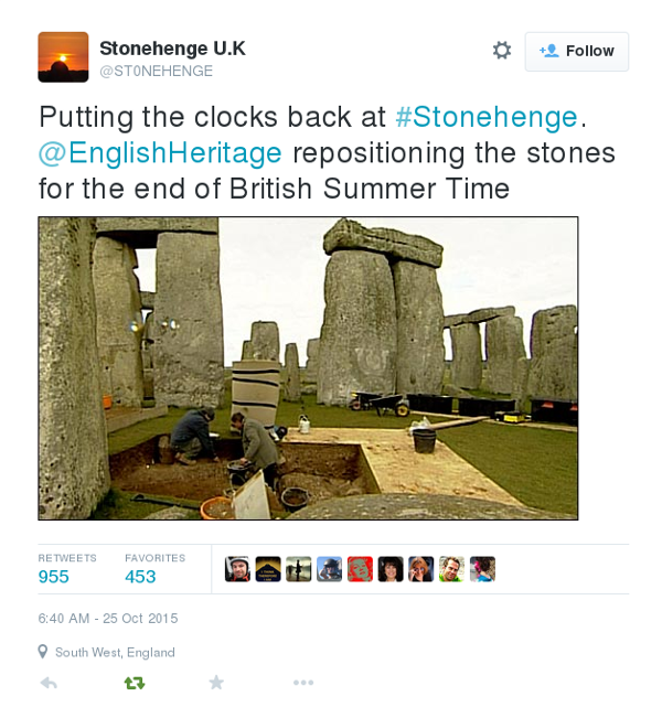 Stonehenge UK tweet with image showing scientists repositioning the stones for the end of BST