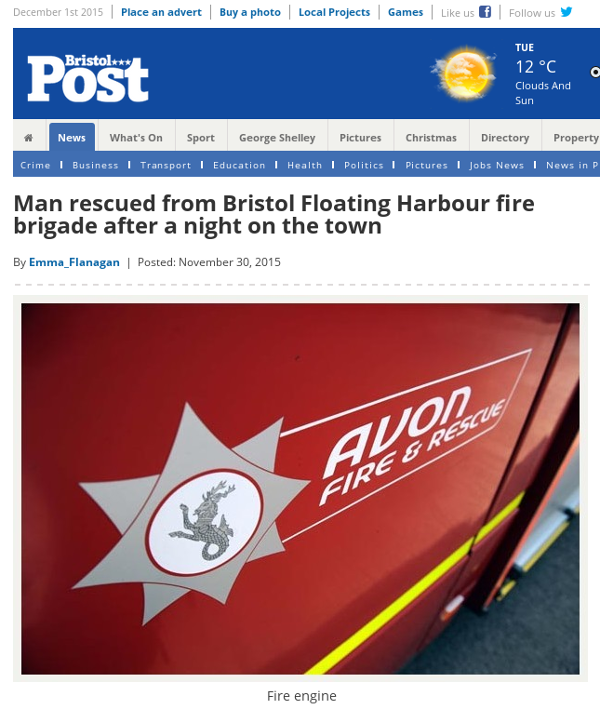 screenshot of headline stating Man rescued from Bristol Floating Harbour fire brigade after a night on the town