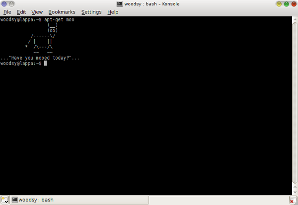 screenshot of apt-get moo command giving output of cow saying have you mooed today?