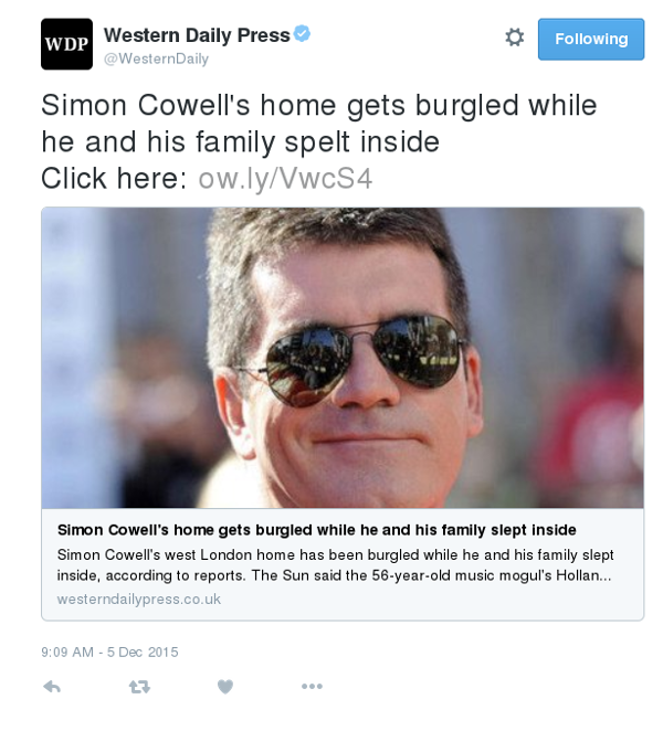 text of tweet reads Simon Cowell's home gets burgled while he and his family spelt inside