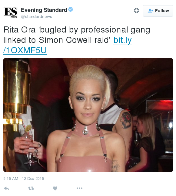 text of tweet reads Rita Ora bugled by professional gang linked to Simon Cowell rad