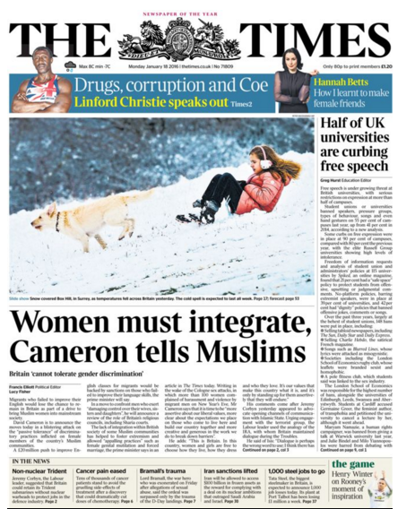 shot of Time front page with headline women must integrate Cameron tells Muslims