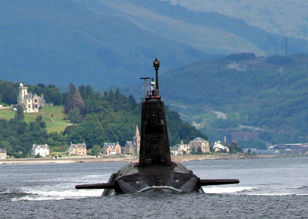 A Vanguard class submarine capable of carrying Trident missiles leaving the Forth of Clyde