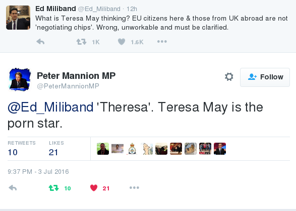 tweet in which Miliband confuses home secretary with porn star