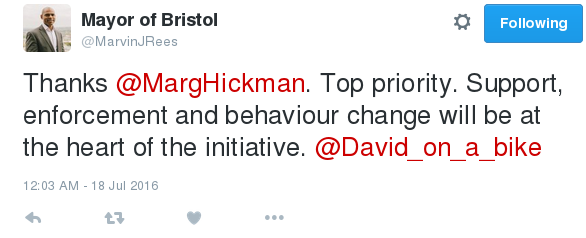tweet from Bristol Mayor stating clean streets are a top priority